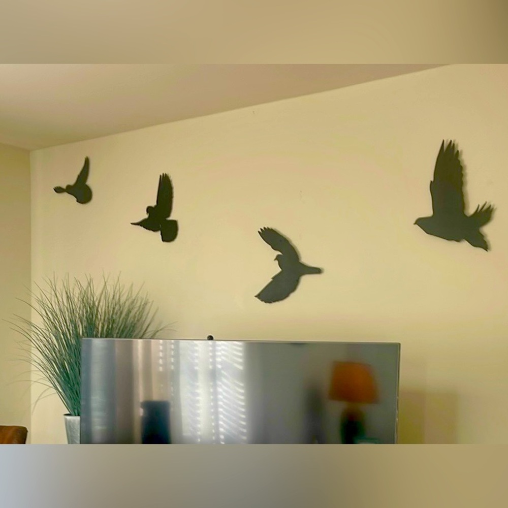 4 black metal flying bird’s silhouette. New in the box.